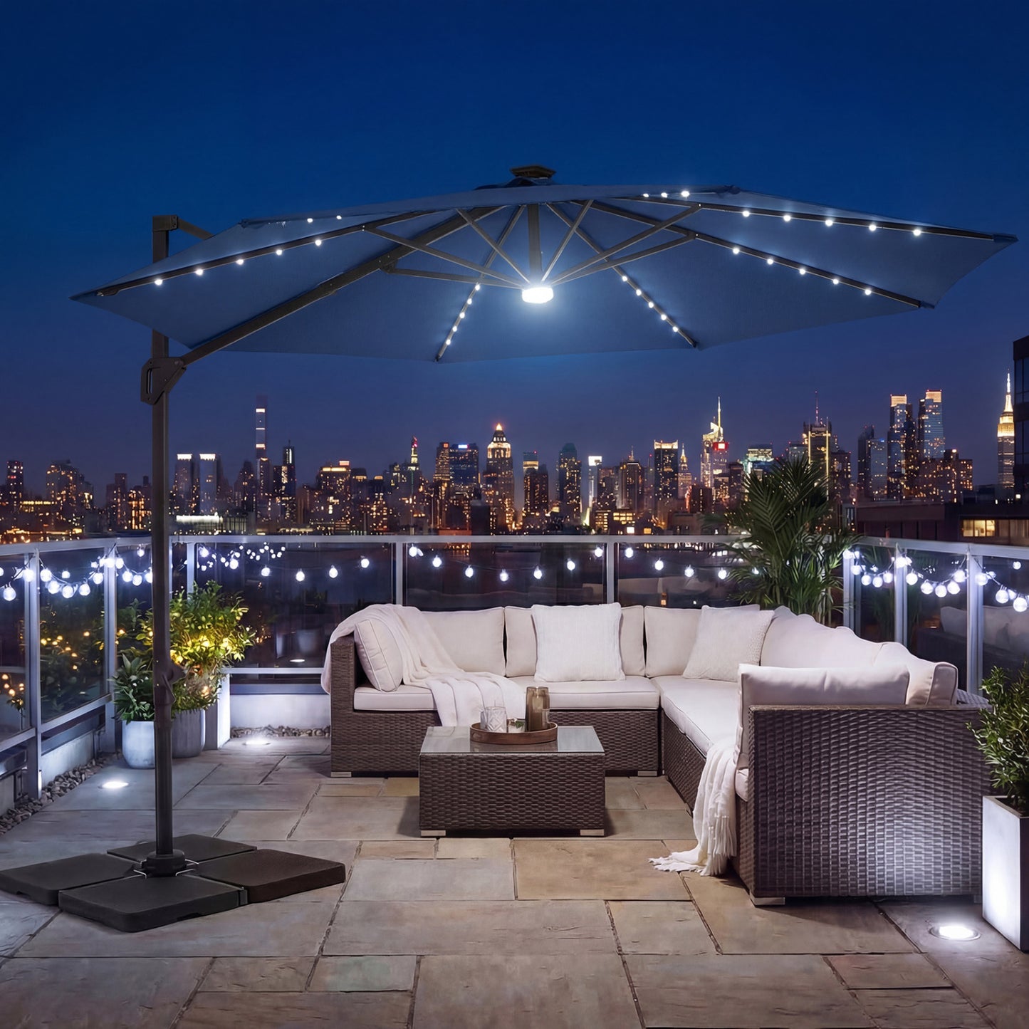 10 FT Cantilever Patio Umbrella, Solar LED Lights, 360° Rotation, Navy Outdoor Umbrellas at Gallery Canada
