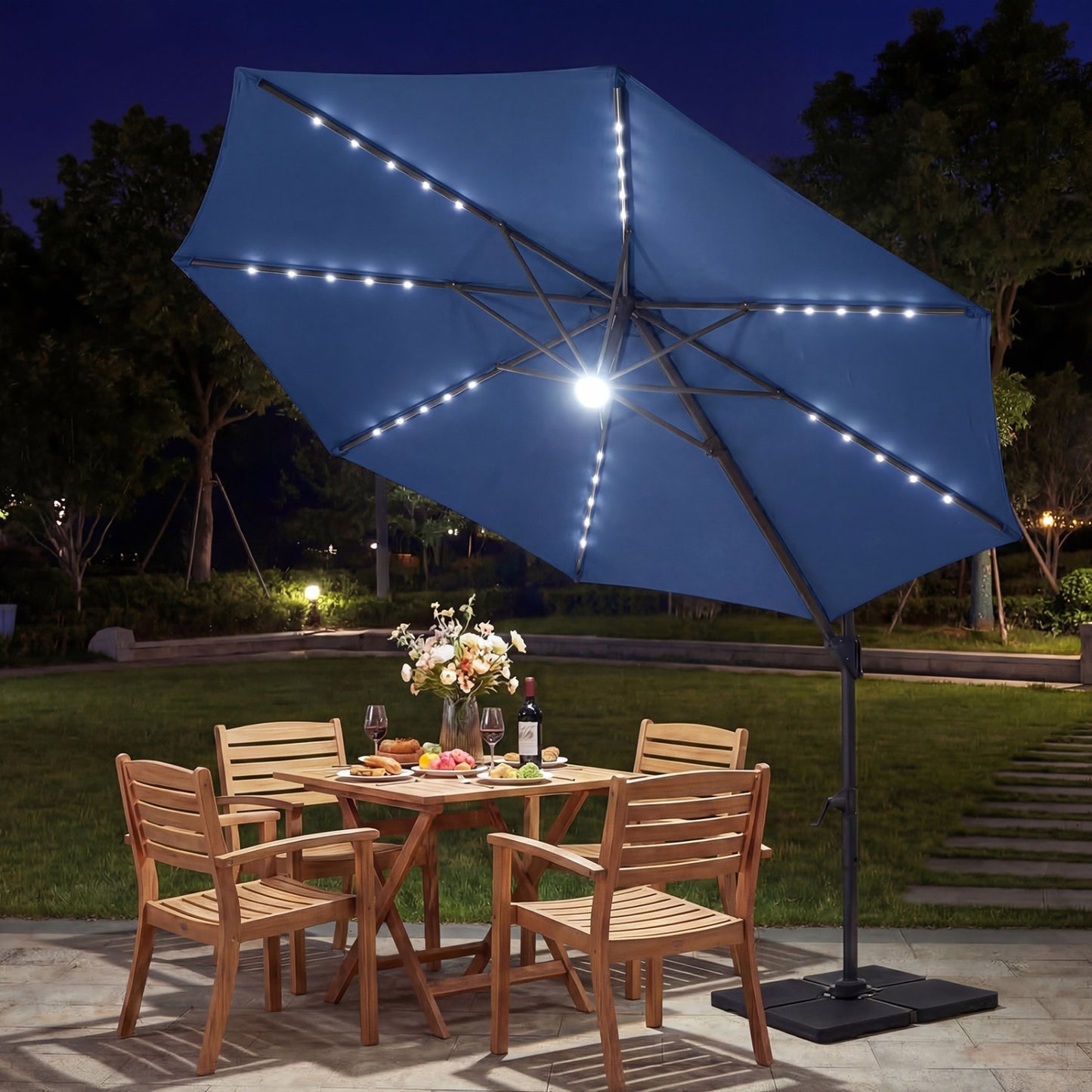10 FT Cantilever Patio Umbrella, Solar LED Lights, 360° Rotation, Navy Outdoor Umbrellas at Gallery Canada