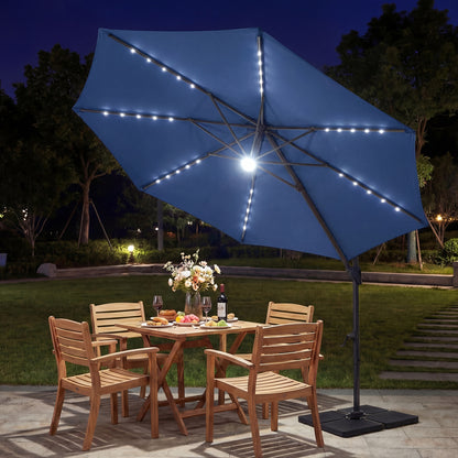 10 FT Cantilever Patio Umbrella, Solar LED Lights, 360° Rotation, Navy Outdoor Umbrellas at Gallery Canada