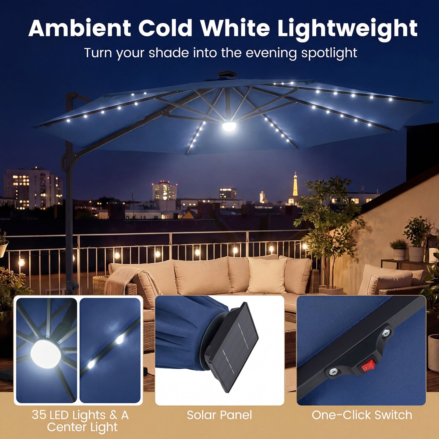 10 FT Cantilever Patio Umbrella, Solar LED Lights, 360° Rotation, Navy Outdoor Umbrellas at Gallery Canada