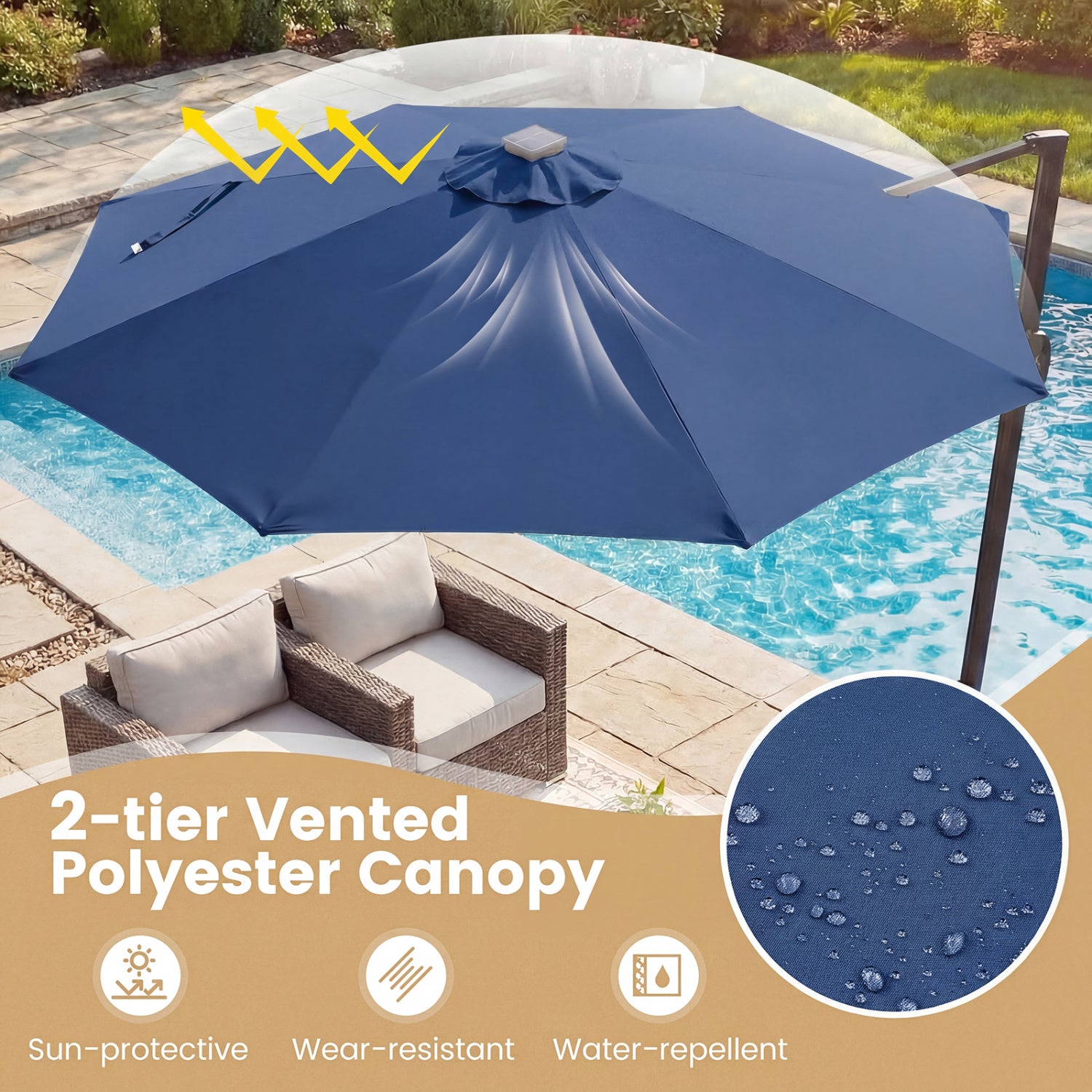 10 FT Cantilever Patio Umbrella, Solar LED Lights, 360° Rotation, Navy Outdoor Umbrellas at Gallery Canada