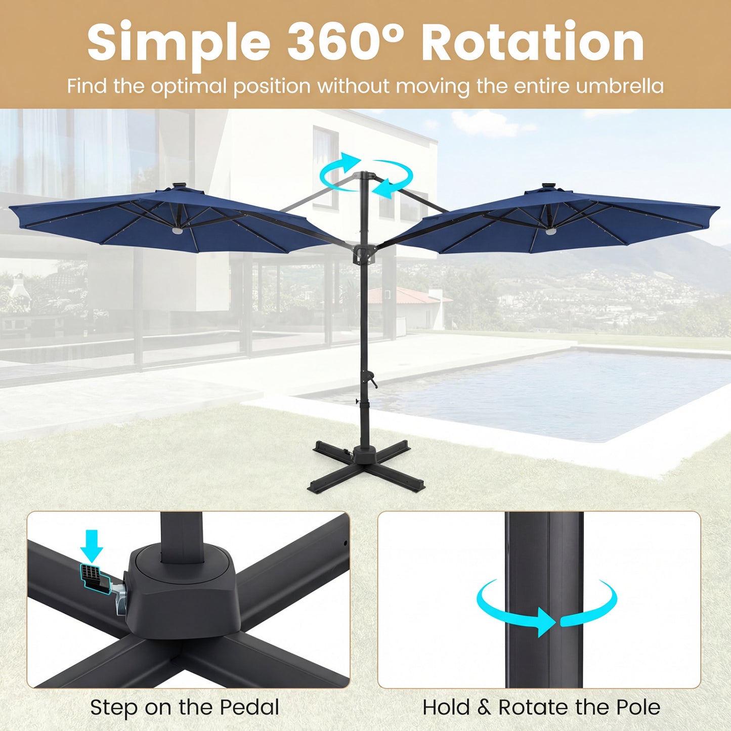 10 FT Cantilever Patio Umbrella, Solar LED Lights, 360° Rotation, Navy Outdoor Umbrellas at Gallery Canada