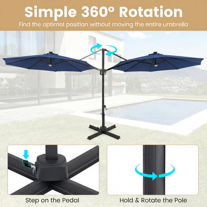 10 FT Cantilever Patio Umbrella, Solar LED Lights, 360° Rotation, Navy Outdoor Umbrellas at Gallery Canada