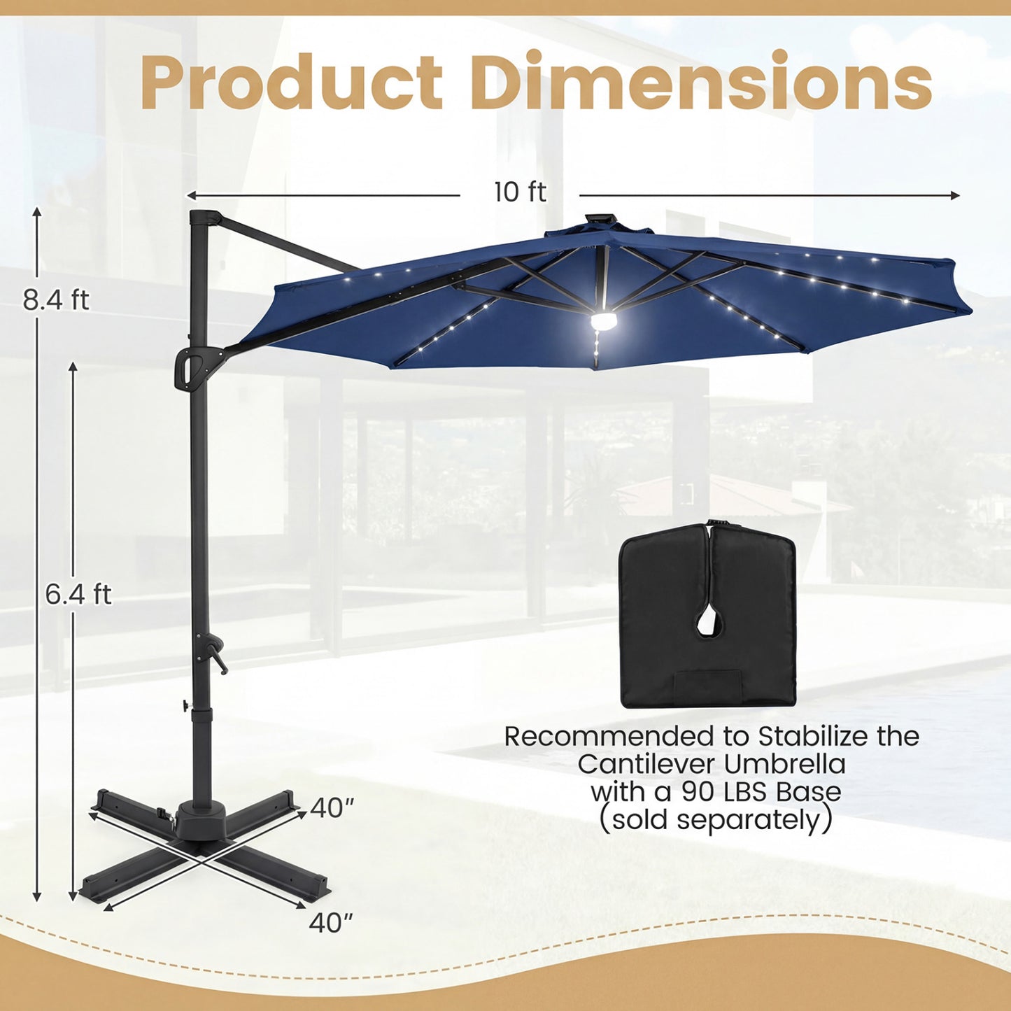 10 FT Cantilever Patio Umbrella, Solar LED Lights, 360° Rotation, Navy Outdoor Umbrellas at Gallery Canada