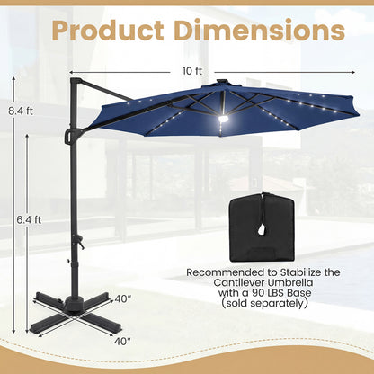 10 FT Cantilever Patio Umbrella, Solar LED Lights, 360° Rotation, Navy Outdoor Umbrellas at Gallery Canada