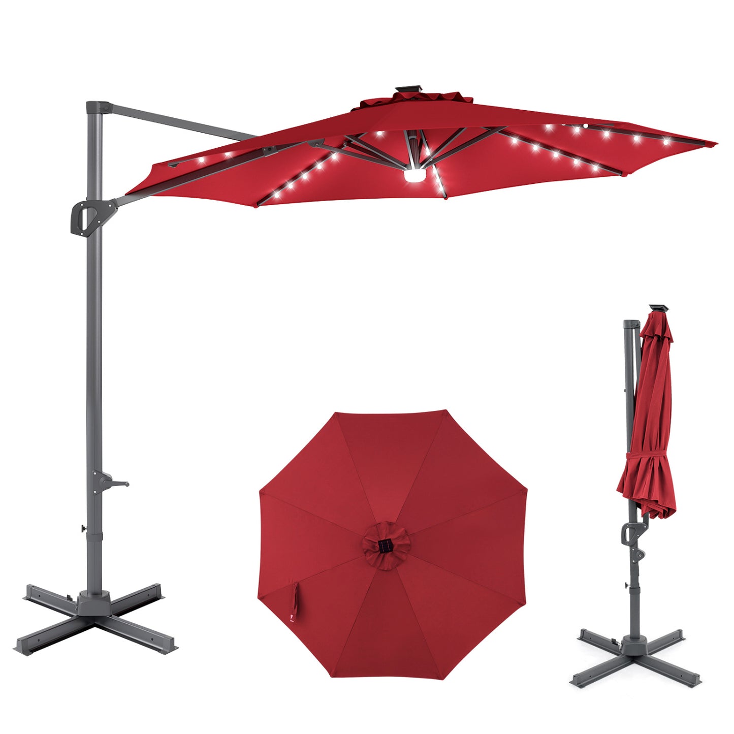 10 FT Cantilever Patio Umbrella, Solar LED Lights, 360° Rotation, Wine Outdoor Umbrellas at Gallery Canada