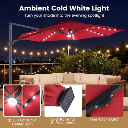 10 FT Cantilever Patio Umbrella, Solar LED Lights, 360° Rotation, Wine Outdoor Umbrellas at Gallery Canada