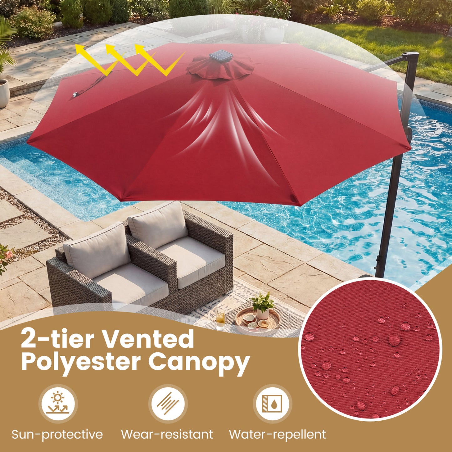 10 FT Cantilever Patio Umbrella, Solar LED Lights, 360° Rotation, Wine Outdoor Umbrellas at Gallery Canada