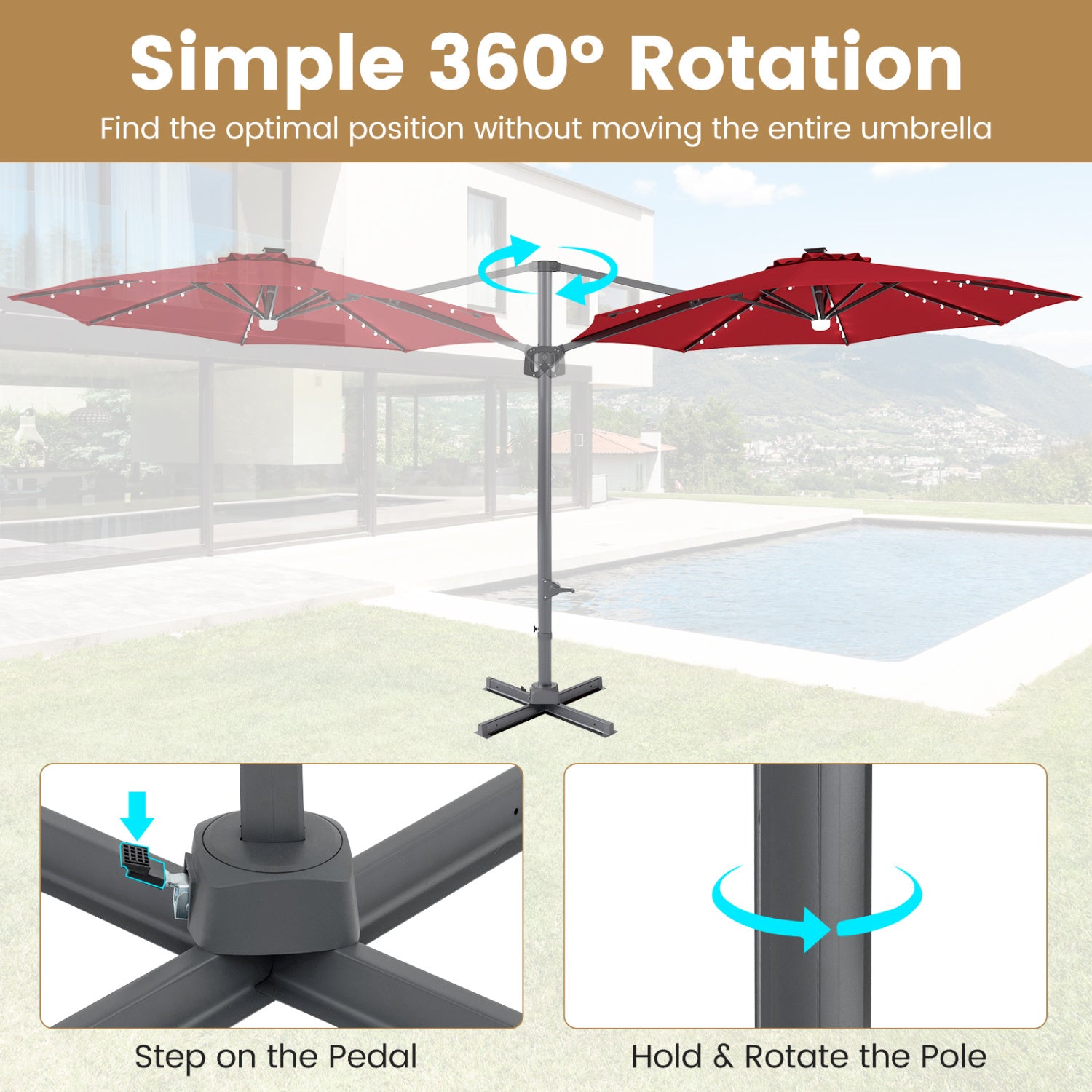 10 FT Cantilever Patio Umbrella, Solar LED Lights, 360° Rotation, Wine Outdoor Umbrellas at Gallery Canada