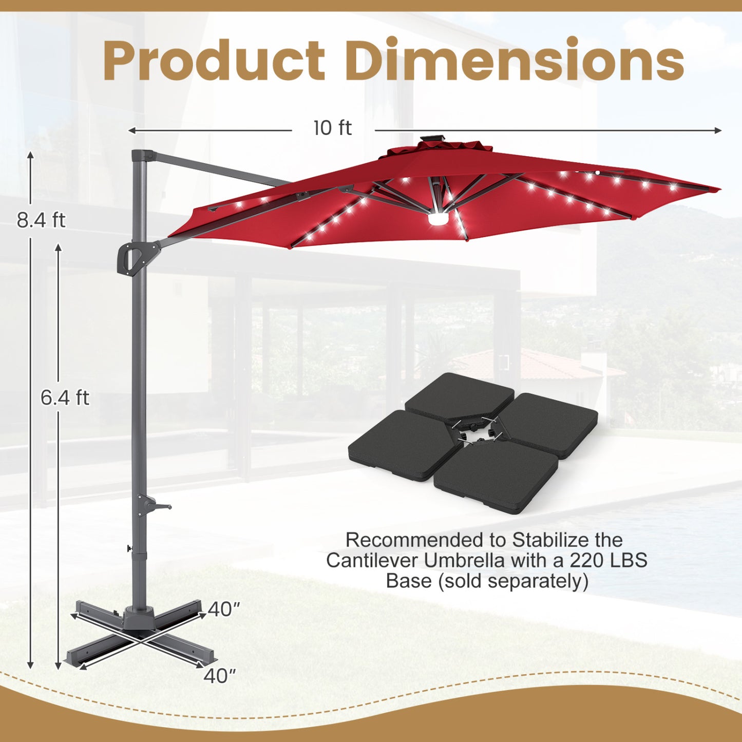 10 FT Cantilever Patio Umbrella, Solar LED Lights, 360° Rotation, Wine Outdoor Umbrellas at Gallery Canada