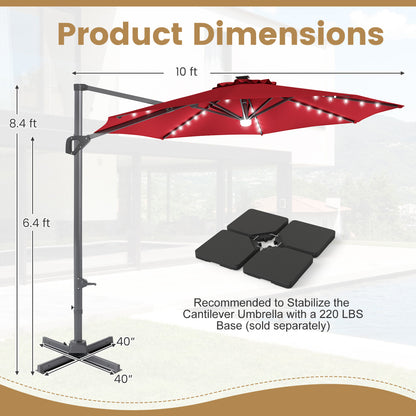 10 FT Cantilever Patio Umbrella, Solar LED Lights, 360° Rotation, Wine Outdoor Umbrellas at Gallery Canada