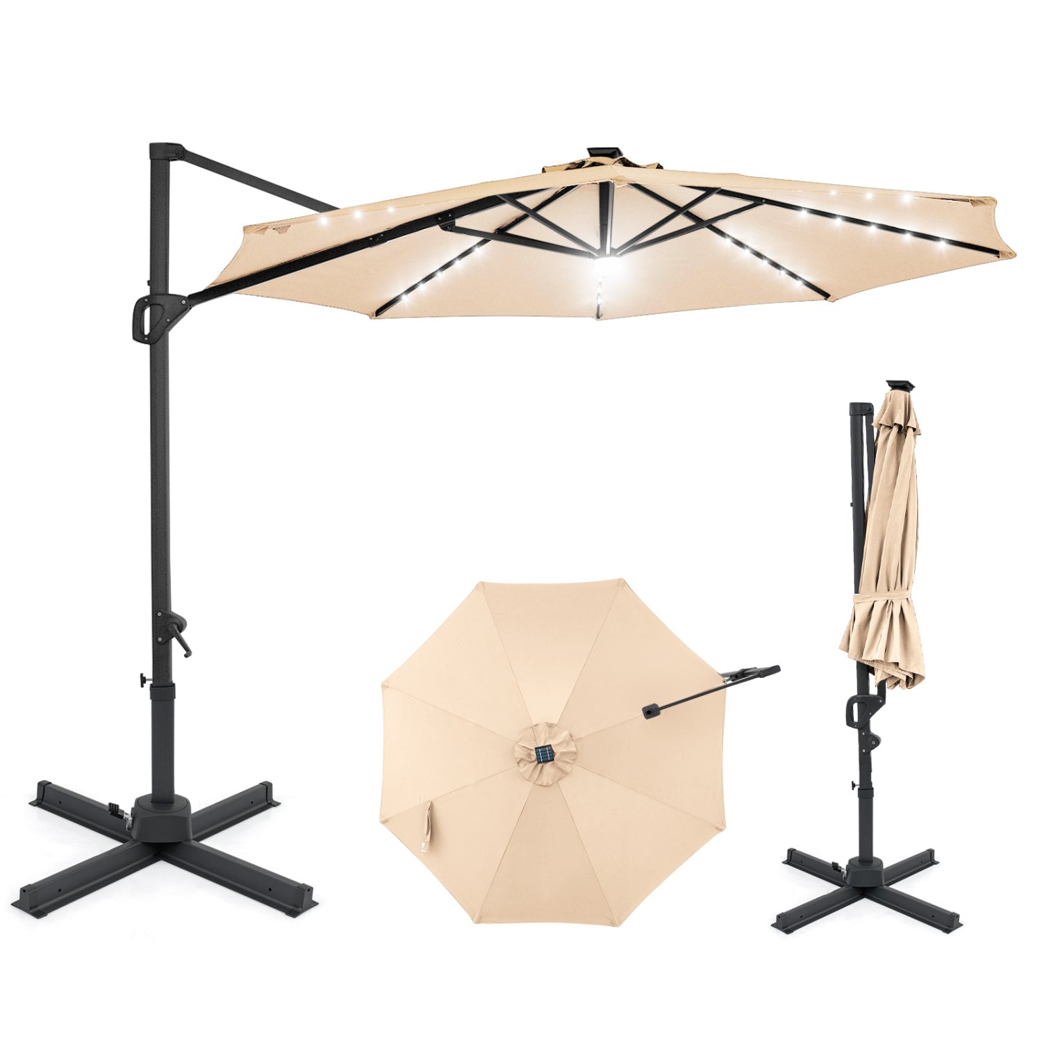 10 FT Cantilever Patio Umbrella, Solar LED Lights, 360 Rotation, Beige Outdoor Umbrellas at Gallery Canada