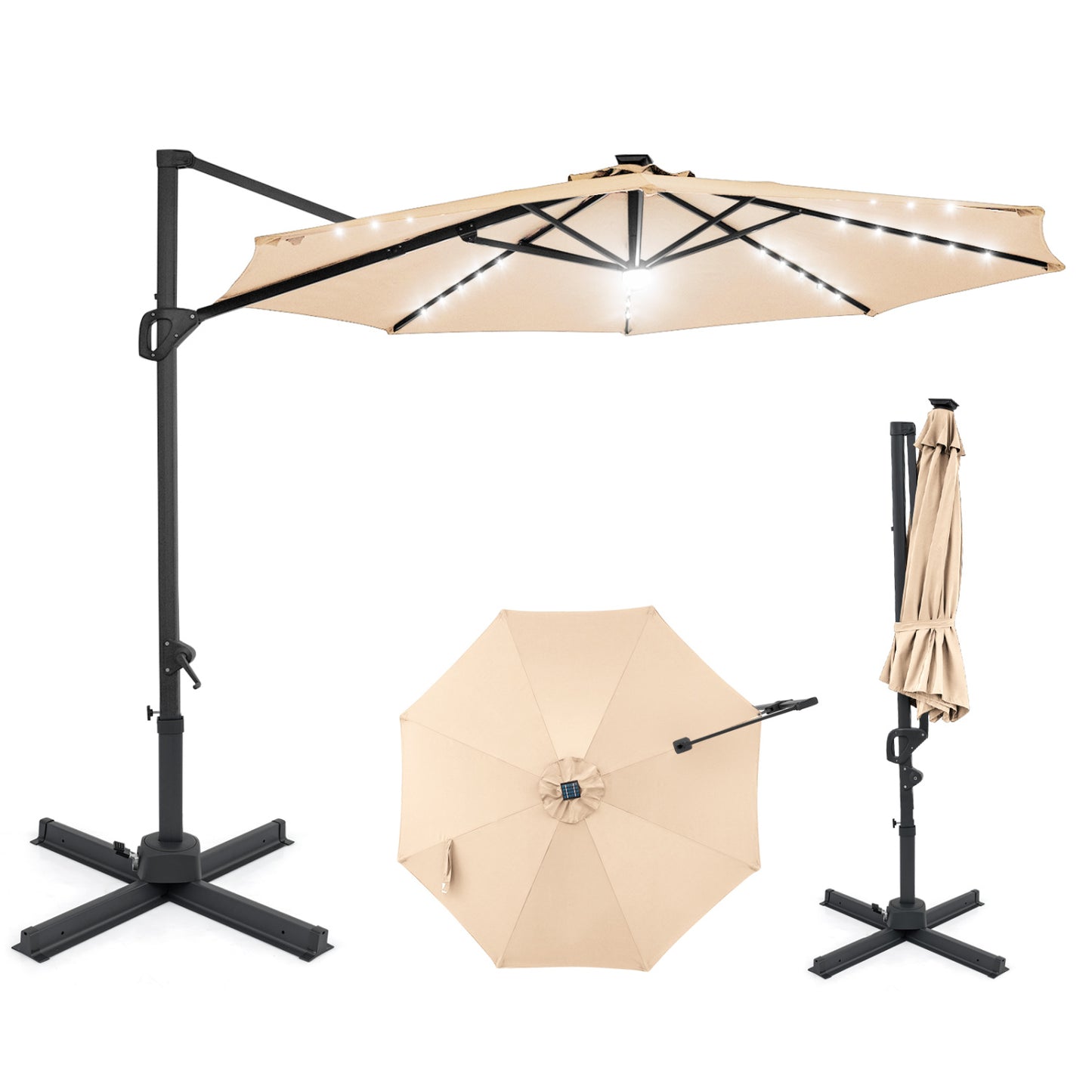 10 FT Cantilever Patio Umbrella, Solar LED Lights, 360 Rotation, Beige Outdoor Umbrellas at Gallery Canada