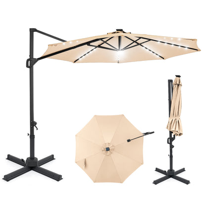 10 FT Cantilever Patio Umbrella, Solar LED Lights, 360 Rotation, Beige Outdoor Umbrellas at Gallery Canada