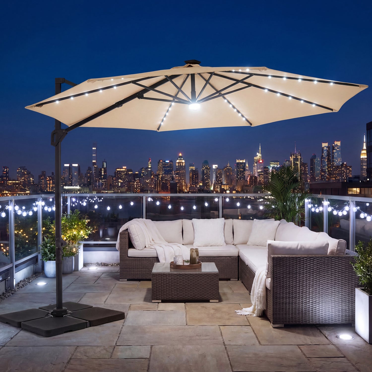 10 FT Cantilever Patio Umbrella, Solar LED Lights, 360 Rotation, Beige Outdoor Umbrellas at Gallery Canada