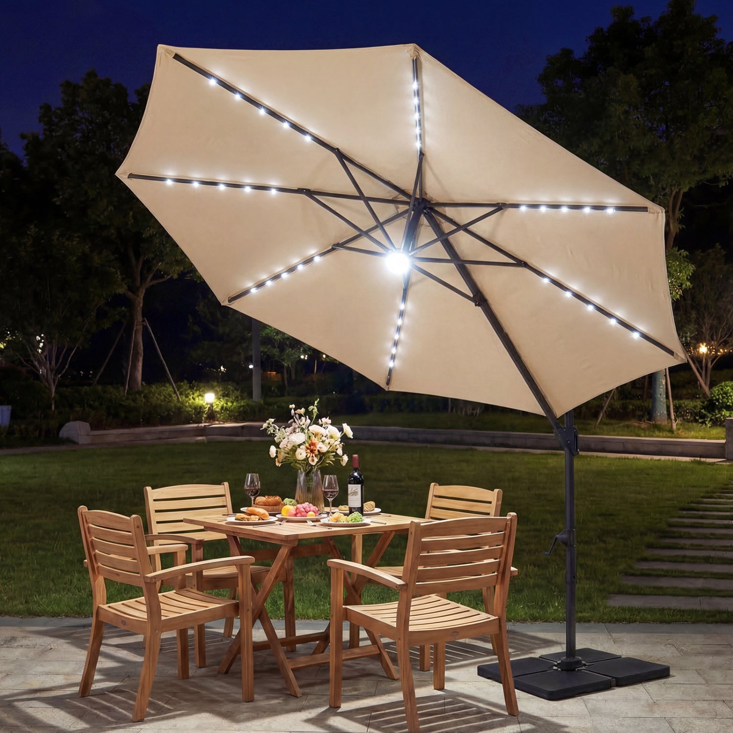 10 FT Cantilever Patio Umbrella, Solar LED Lights, 360 Rotation, Beige Outdoor Umbrellas at Gallery Canada