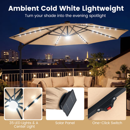 10 FT Cantilever Patio Umbrella, Solar LED Lights, 360 Rotation, Beige Outdoor Umbrellas at Gallery Canada