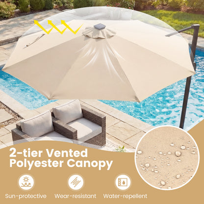 10 FT Cantilever Patio Umbrella, Solar LED Lights, 360 Rotation, Beige Outdoor Umbrellas at Gallery Canada