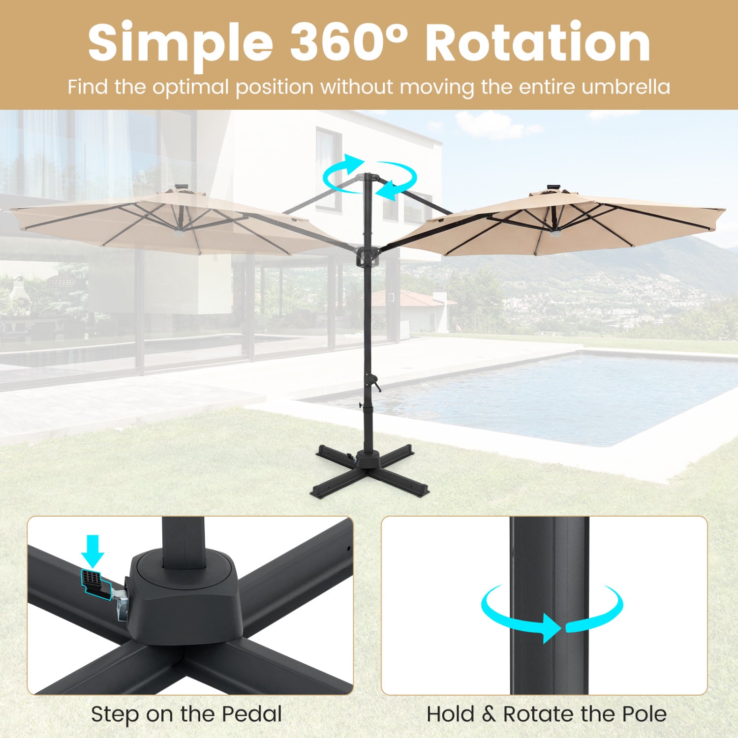 10 FT Cantilever Patio Umbrella, Solar LED Lights, 360 Rotation, Beige Outdoor Umbrellas at Gallery Canada