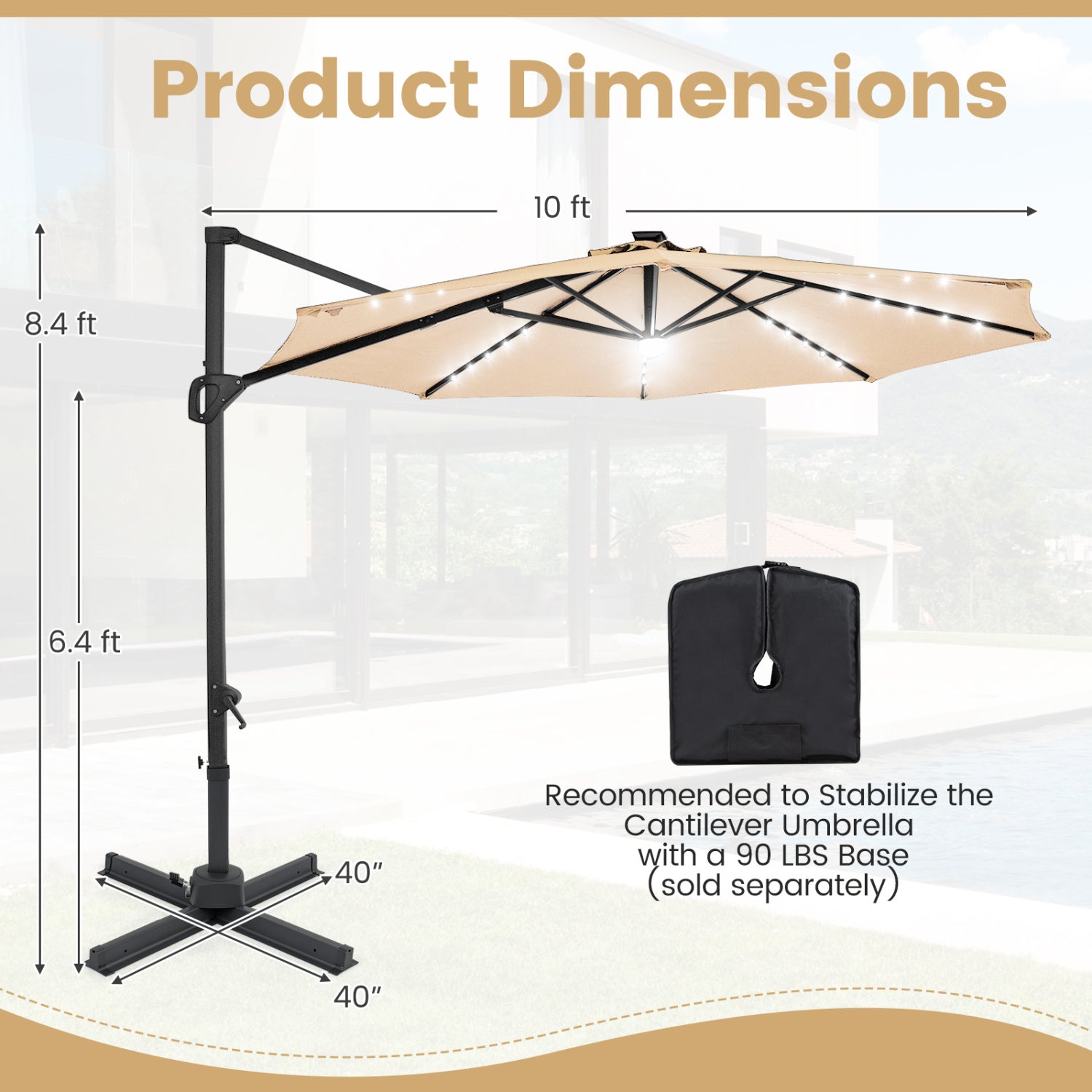 10 FT Cantilever Patio Umbrella, Solar LED Lights, 360 Rotation, Beige Outdoor Umbrellas at Gallery Canada