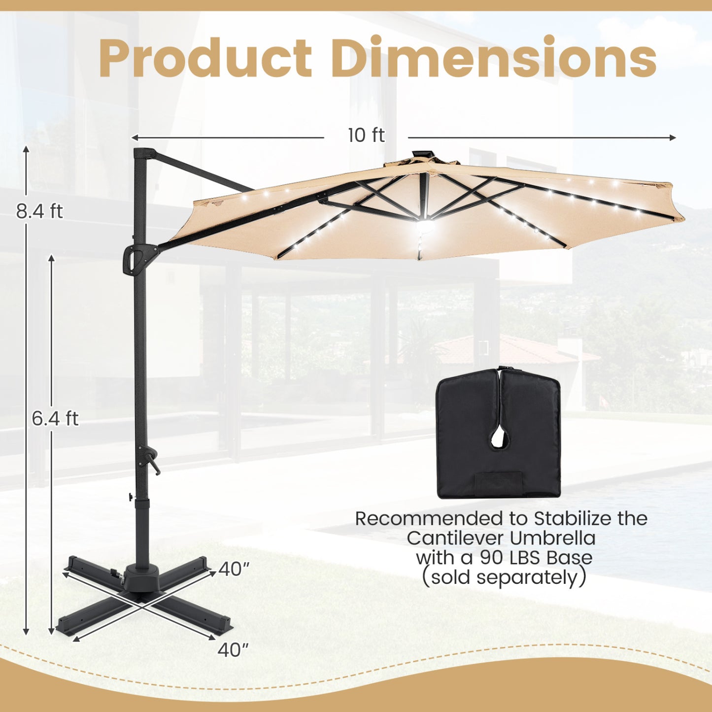 10 FT Cantilever Patio Umbrella, Solar LED Lights, 360 Rotation, Beige Outdoor Umbrellas at Gallery Canada