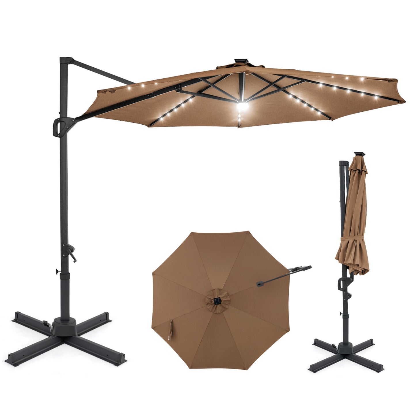 10 FT Cantilever Patio Umbrella, Solar LED Lights, 360° Rotation, Brown Outdoor Umbrellas at Gallery Canada