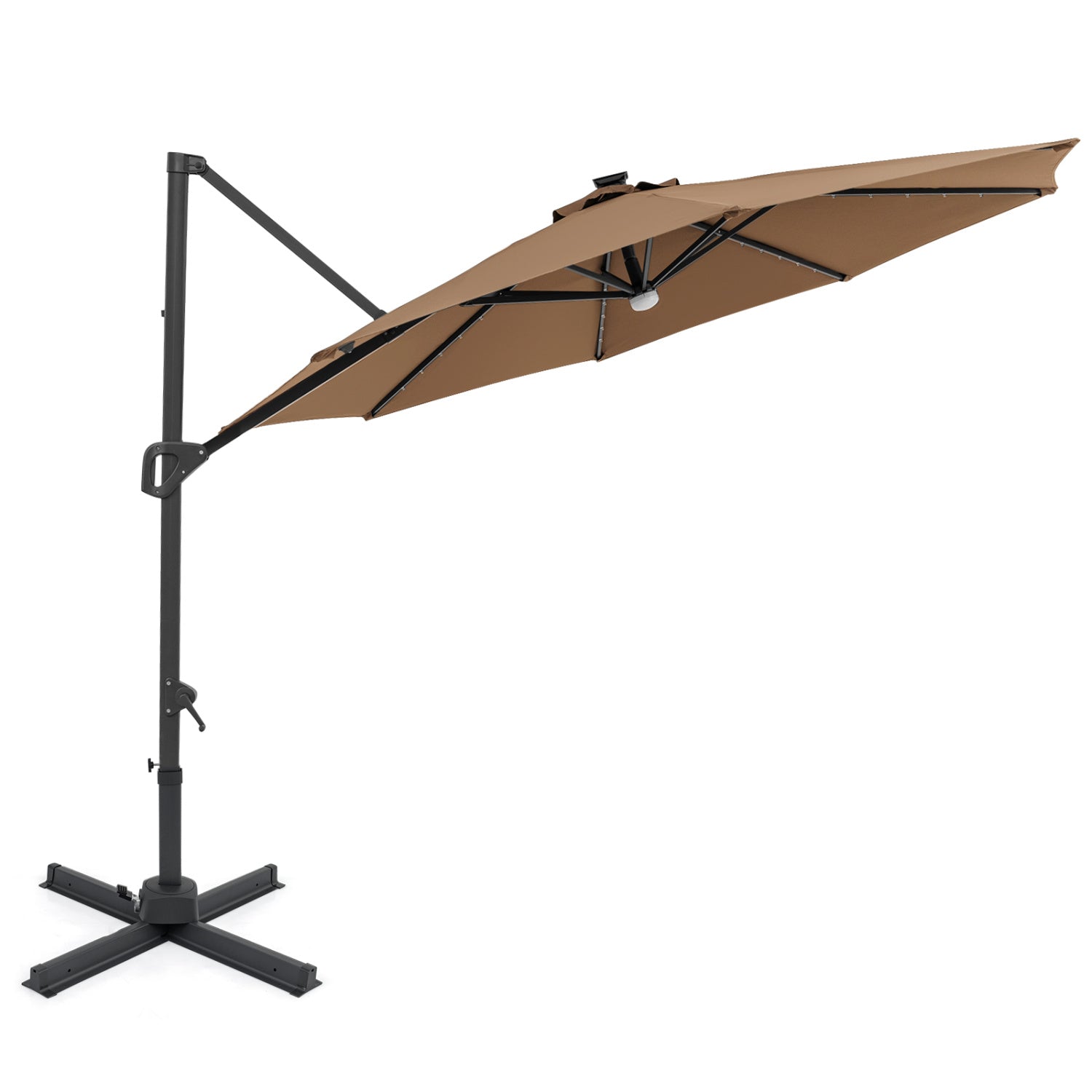 10 FT Cantilever Patio Umbrella, Solar LED Lights, 360° Rotation, Brown Outdoor Umbrellas at Gallery Canada