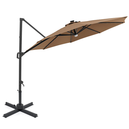 10 FT Cantilever Patio Umbrella, Solar LED Lights, 360° Rotation, Brown