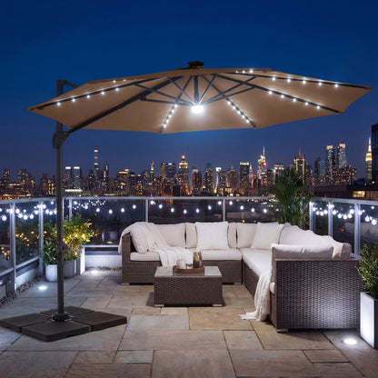 10 FT Cantilever Patio Umbrella, Solar LED Lights, 360° Rotation, Brown Outdoor Umbrellas at Gallery Canada