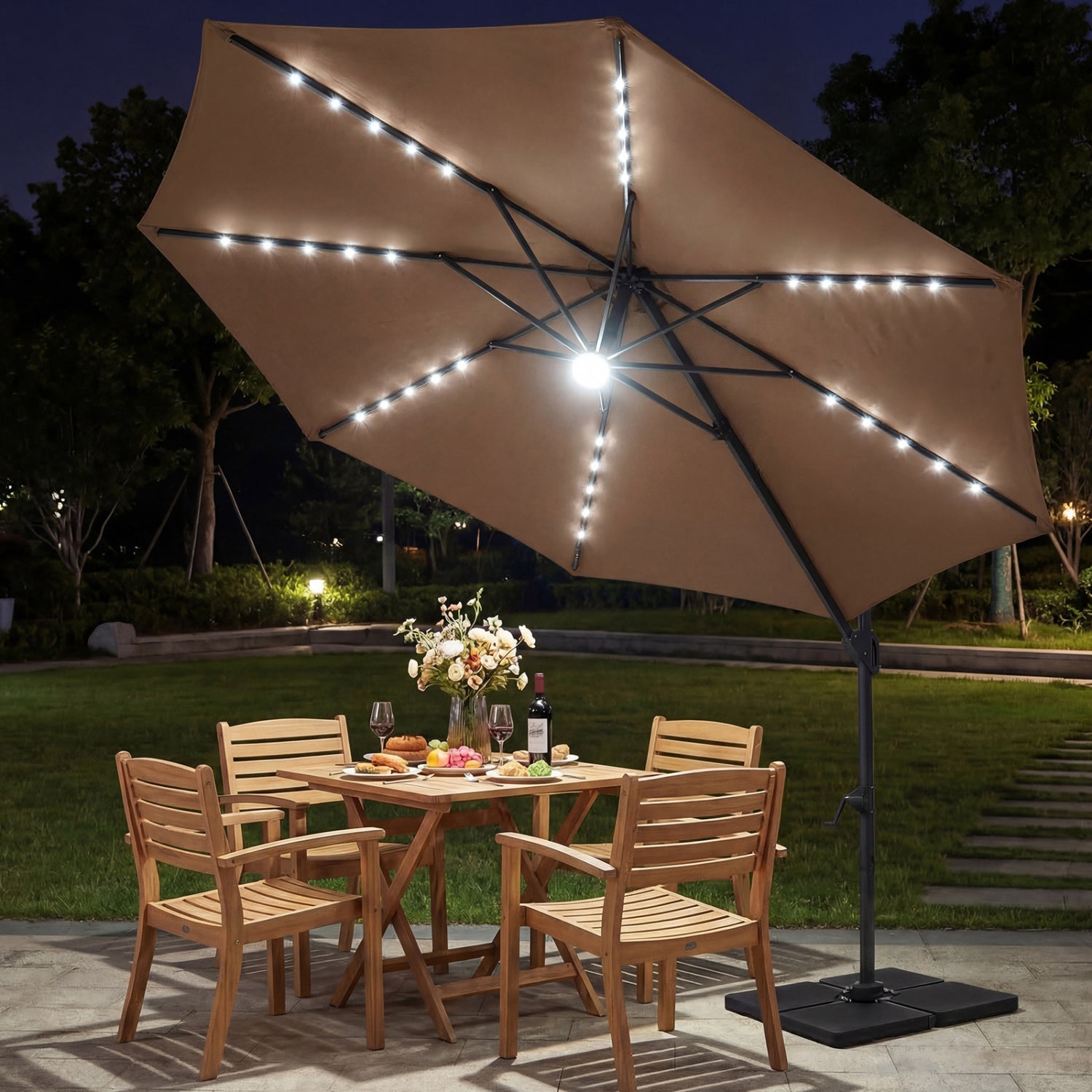 10 FT Cantilever Patio Umbrella, Solar LED Lights, 360° Rotation, Brown Outdoor Umbrellas at Gallery Canada