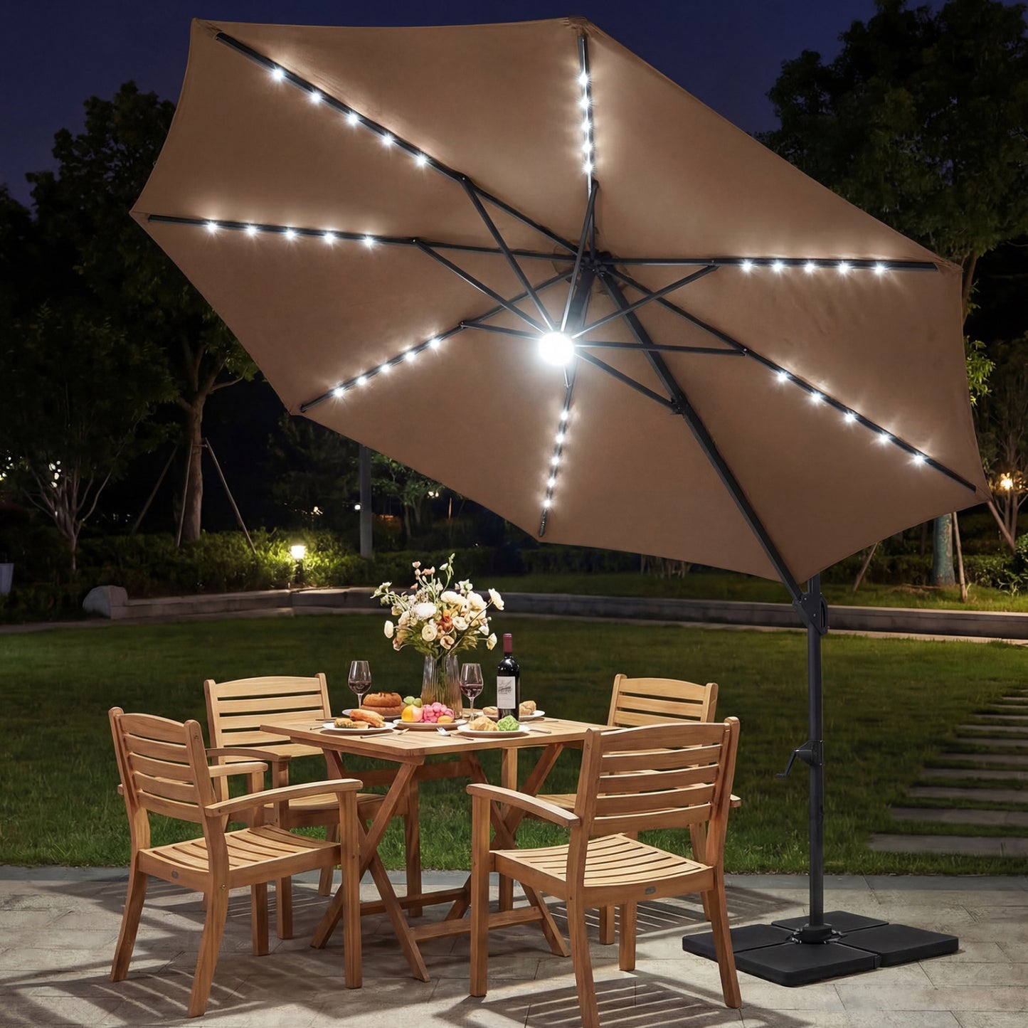 10 FT Cantilever Patio Umbrella, Solar LED Lights, 360° Rotation, Brown Outdoor Umbrellas at Gallery Canada