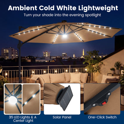 10 FT Cantilever Patio Umbrella, Solar LED Lights, 360° Rotation, Brown Outdoor Umbrellas at Gallery Canada
