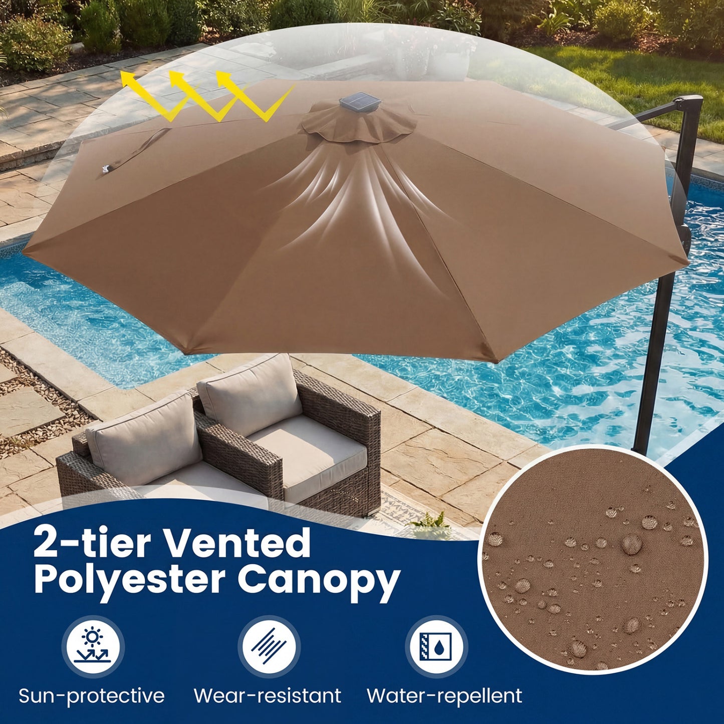 10 FT Cantilever Patio Umbrella, Solar LED Lights, 360° Rotation, Brown Outdoor Umbrellas at Gallery Canada