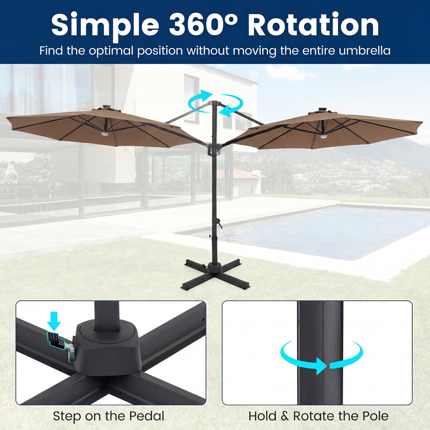 10 FT Cantilever Patio Umbrella, Solar LED Lights, 360° Rotation, Brown Outdoor Umbrellas at Gallery Canada