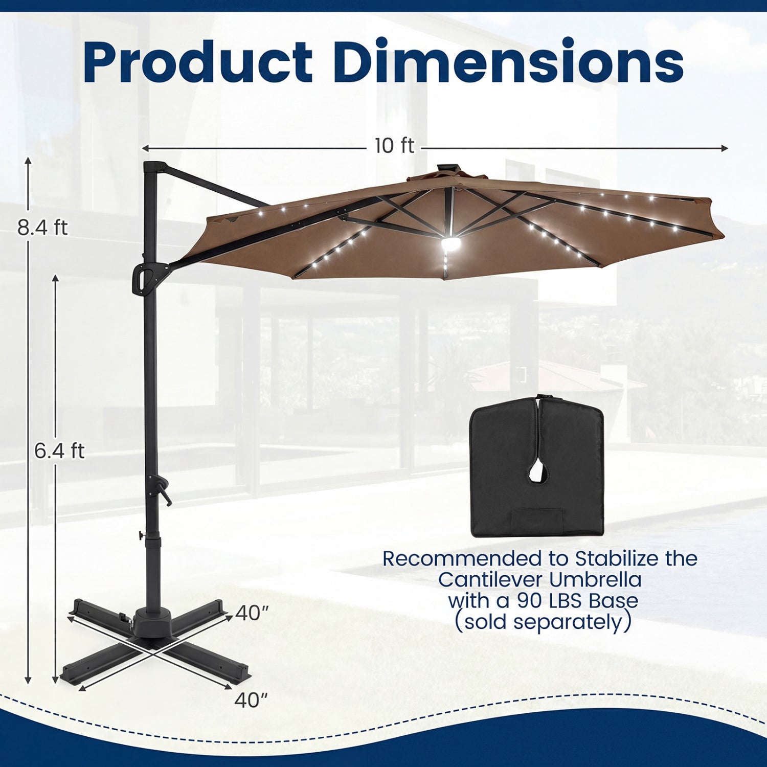 10 FT Cantilever Patio Umbrella, Solar LED Lights, 360° Rotation, Brown Outdoor Umbrellas at Gallery Canada