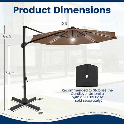 10 FT Cantilever Patio Umbrella, Solar LED Lights, 360° Rotation, Brown Outdoor Umbrellas at Gallery Canada