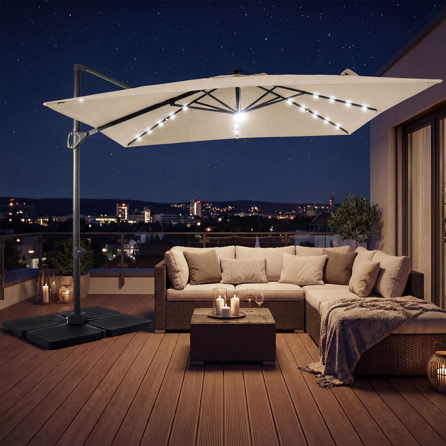 10 FT Cantilever Patio Umbrella with 32 Solar LED Lights and 220 LBS Bas, Beige Outdoor Umbrellas at Gallery Canada