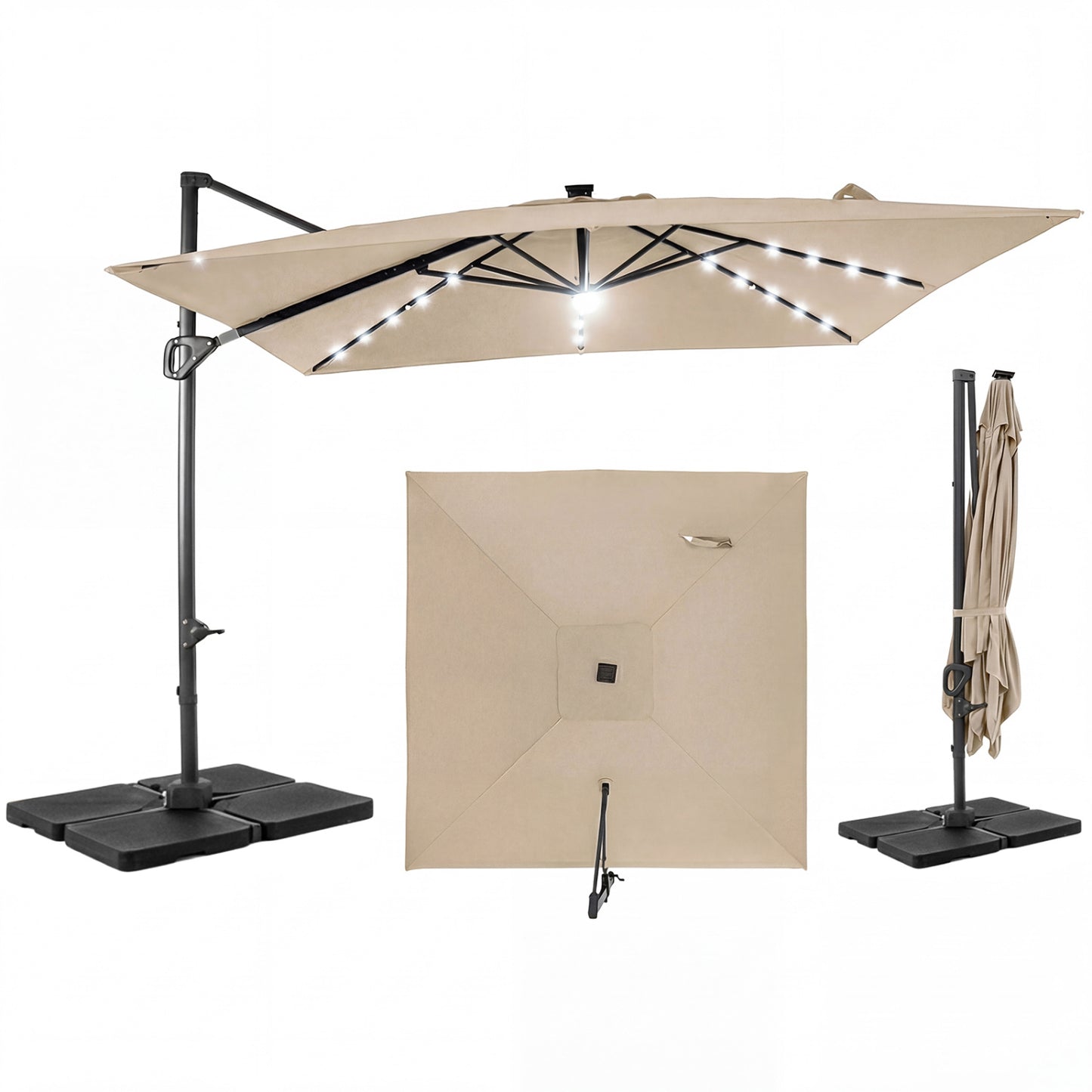 10 FT Cantilever Patio Umbrella with 32 Solar LED Lights and 220 LBS Bas, Beige Outdoor Umbrellas at Gallery Canada