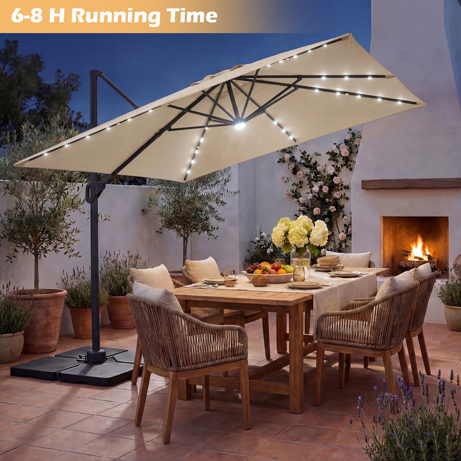 10 FT Cantilever Patio Umbrella with 32 Solar LED Lights and 220 LBS Bas, Beige Outdoor Umbrellas at Gallery Canada