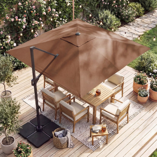 10 FT Cantilever Patio Umbrella with 32 Solar LED Lights and 220 LBS Bas, Brown Outdoor Umbrellas Brown at Gallery Canada