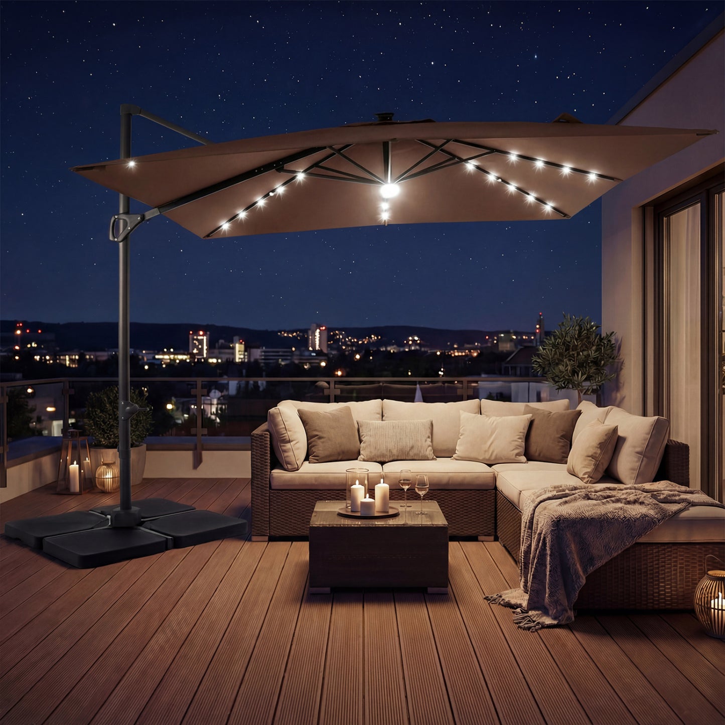 10 FT Cantilever Patio Umbrella with 32 Solar LED Lights and 220 LBS Bas, Brown Outdoor Umbrellas at Gallery Canada