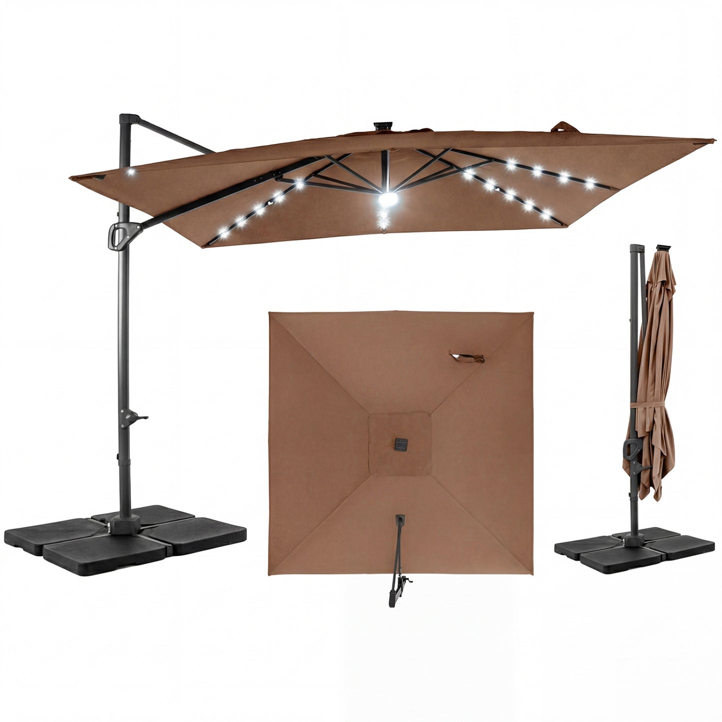 10 FT Cantilever Patio Umbrella with 32 Solar LED Lights and 220 LBS Bas, Brown Outdoor Umbrellas at Gallery Canada