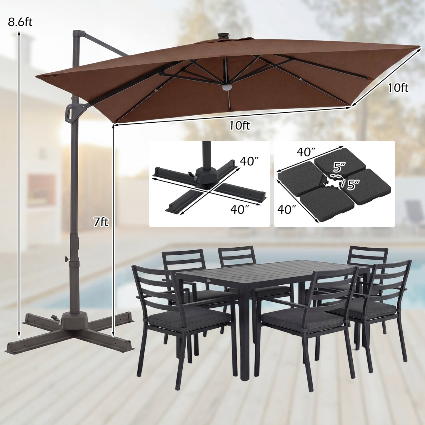 10 FT Cantilever Patio Umbrella with 32 Solar LED Lights and 220 LBS Bas, Brown Outdoor Umbrellas at Gallery Canada