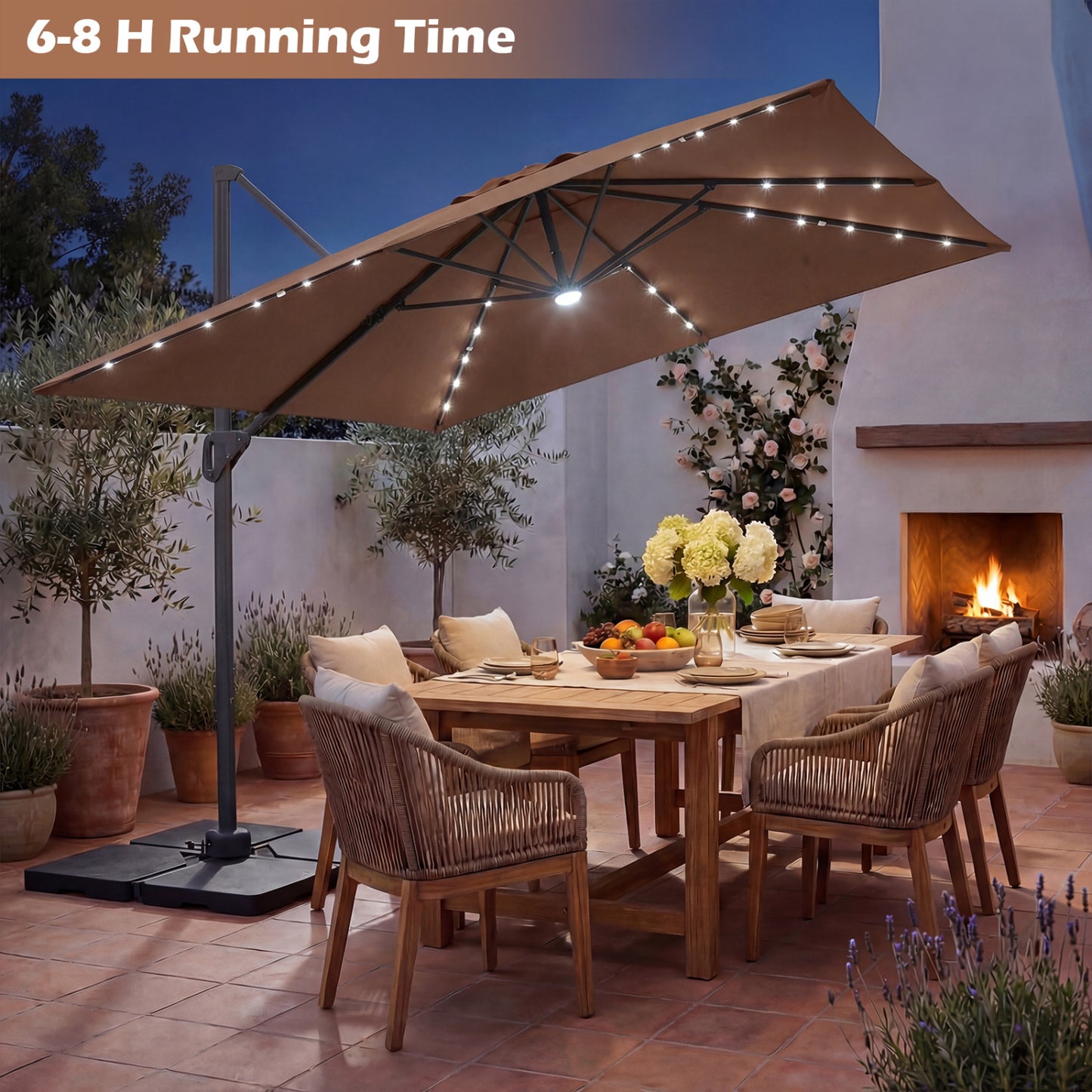 10 FT Cantilever Patio Umbrella with 32 Solar LED Lights and 220 LBS Bas, Brown Outdoor Umbrellas at Gallery Canada