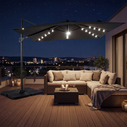 10 FT Cantilever Patio Umbrella with 32 Solar LED Lights and 220 LBS Bas, Gray Outdoor Umbrellas Gray at Gallery Canada