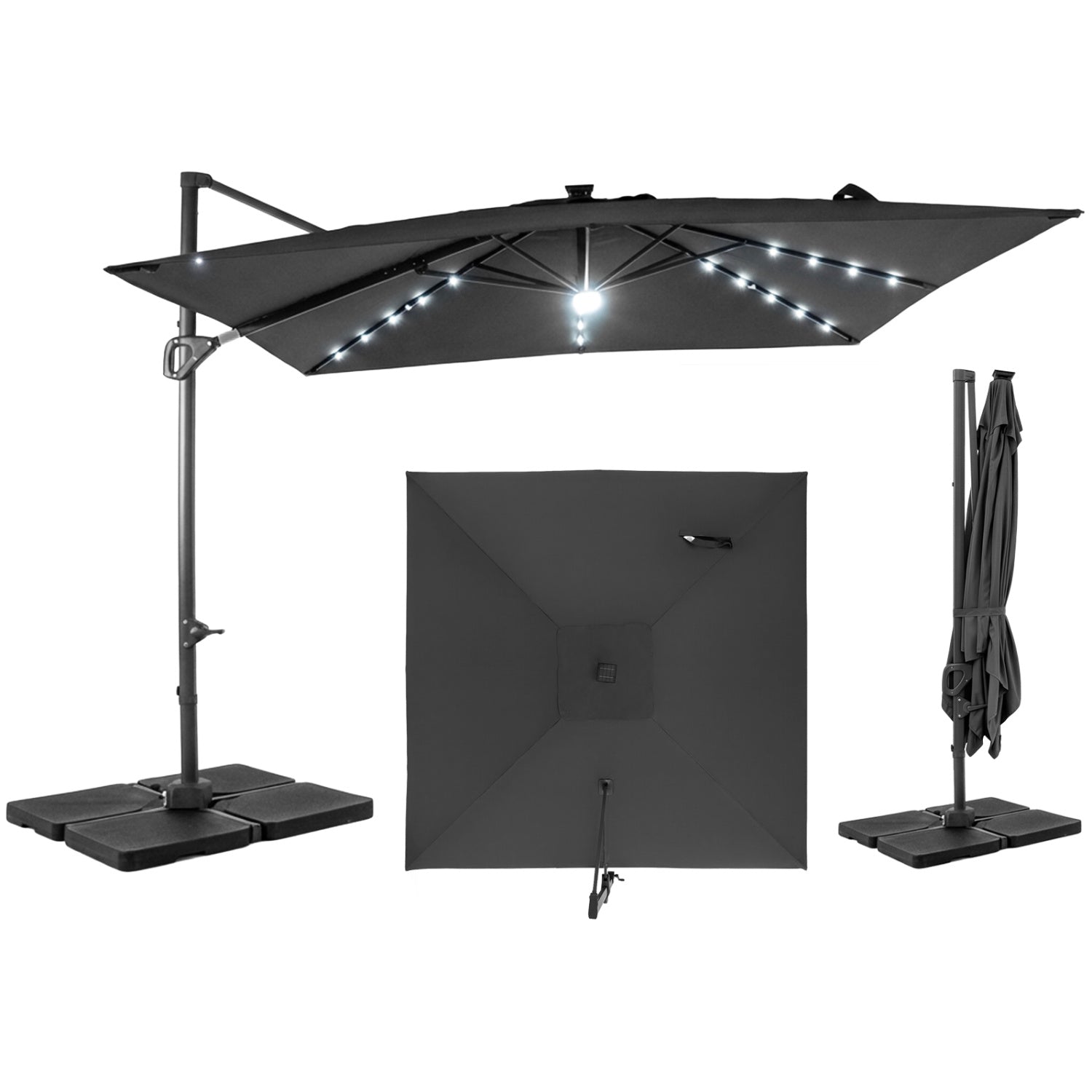 10 FT Cantilever Patio Umbrella with 32 Solar LED Lights and 220 LBS Bas, Gray Outdoor Umbrellas at Gallery Canada