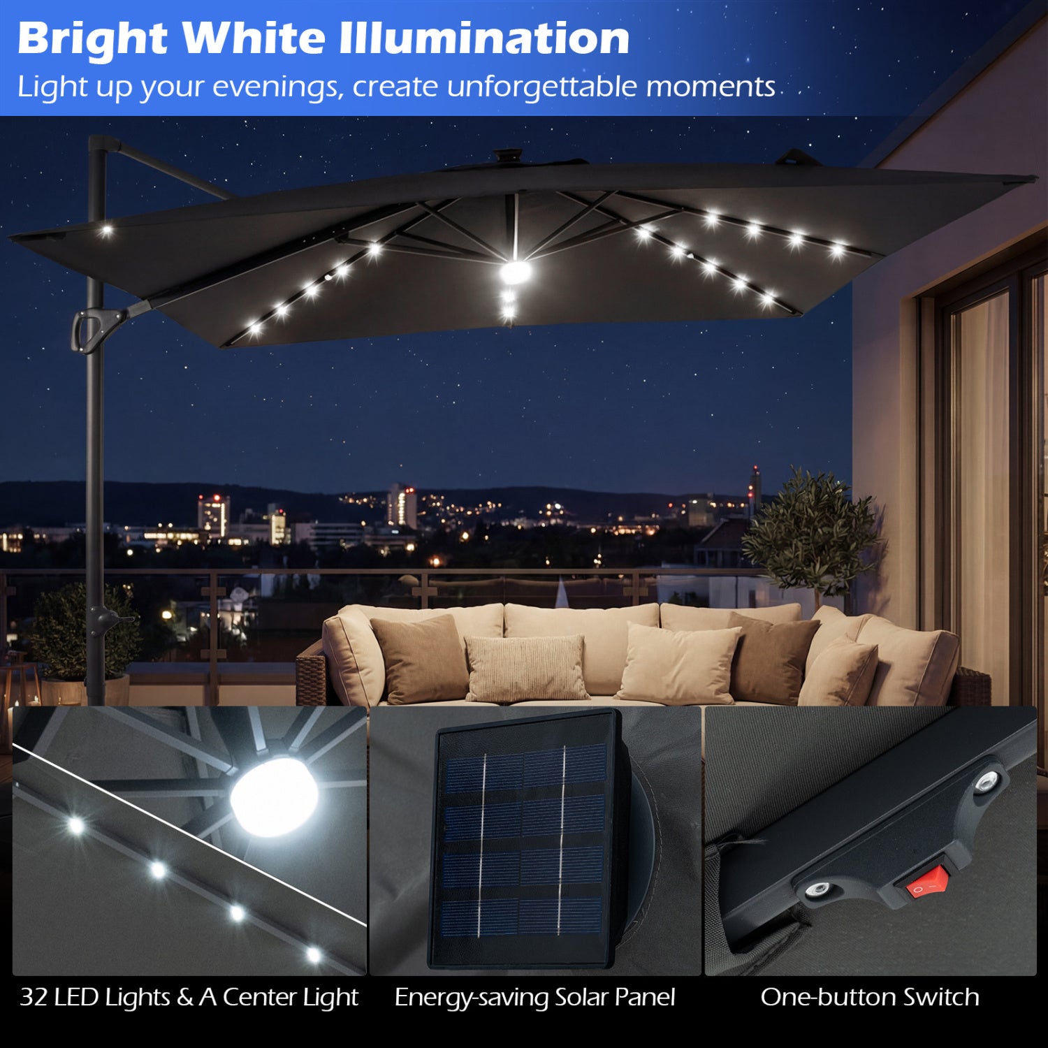 10 FT Cantilever Patio Umbrella with 32 Solar LED Lights and 220 LBS Bas, Gray Outdoor Umbrellas at Gallery Canada