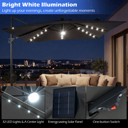 10 FT Cantilever Patio Umbrella with 32 Solar LED Lights and 220 LBS Bas, Gray Outdoor Umbrellas at Gallery Canada