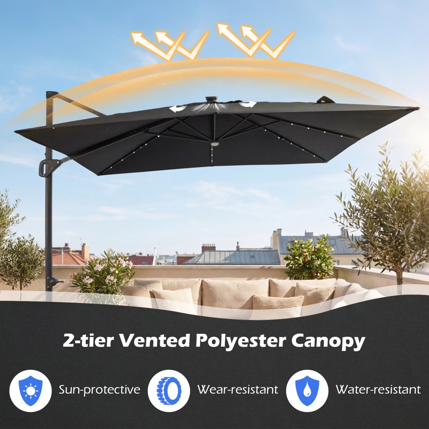 10 FT Cantilever Patio Umbrella with 32 Solar LED Lights and 220 LBS Bas, Gray Outdoor Umbrellas at Gallery Canada