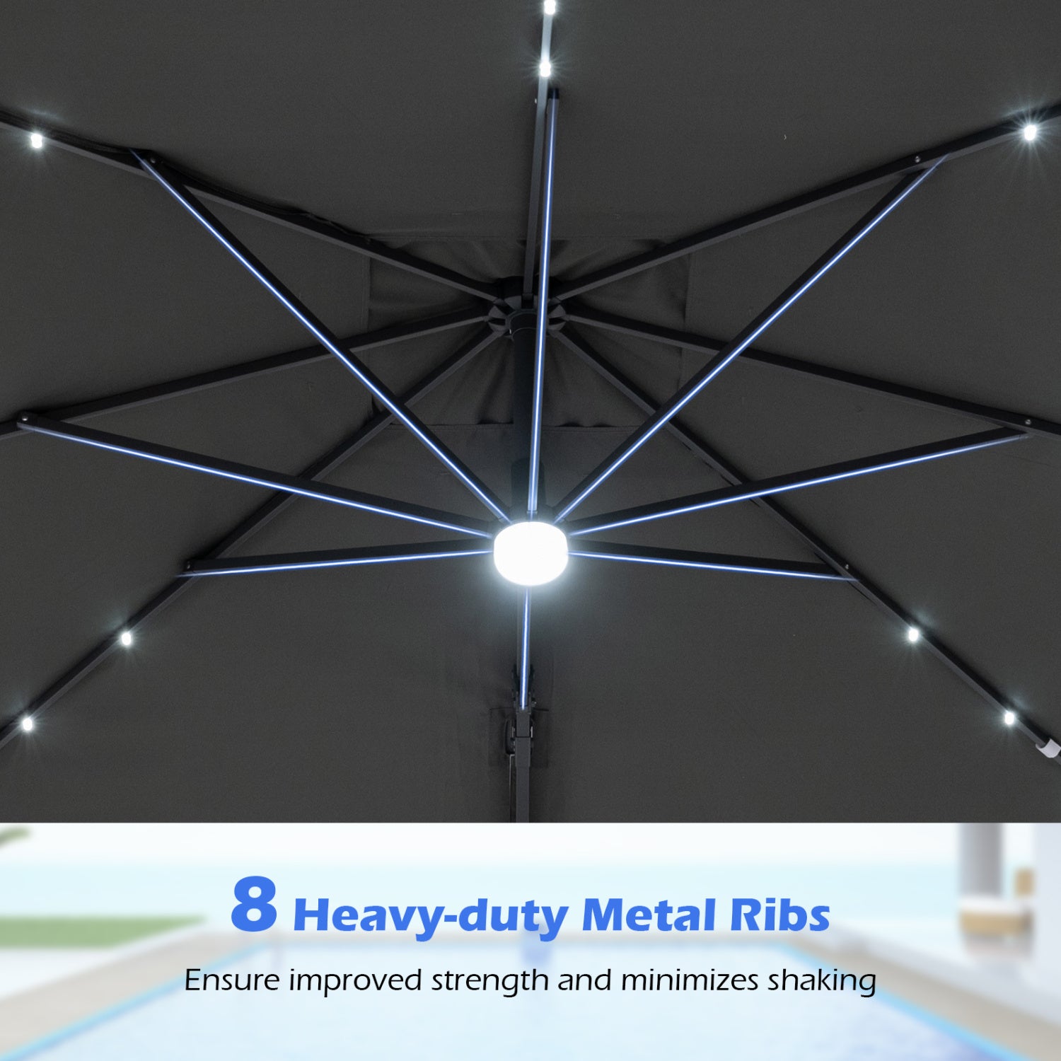 10 FT Cantilever Patio Umbrella with 32 Solar LED Lights and 220 LBS Bas, Gray Outdoor Umbrellas at Gallery Canada